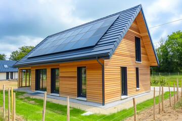 New modern eco friendly passive house with a photovoltaic system on the roof and landscaped yard