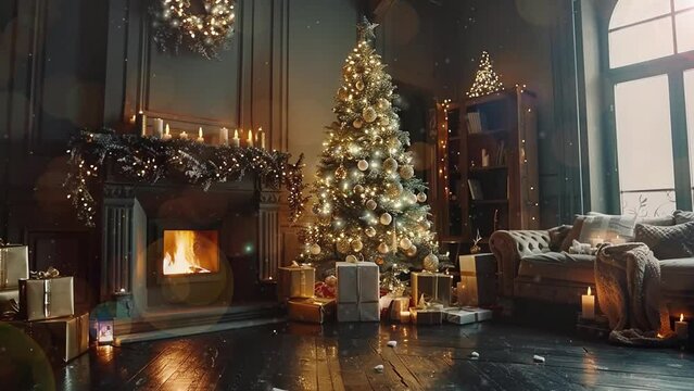 interior christmas magic glowing tree fireplace. warm house with fireplace and christmas tree decoration. seamless looping overlay 4k virtual video animation background