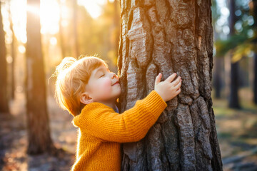 Child hugging a tree in the outdoor forest. Concept of battling a global problem of carbon dioxide and global warming. Love of nature. Net zero and carbon neutral concept. - obrazy, fototapety, plakaty