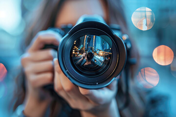 Photographer Reflected in Camera Lens on Table. A photographer captures their own reflection in the glass of a camera lens, placed on a table with a bokeh background.

 - obrazy, fototapety, plakaty