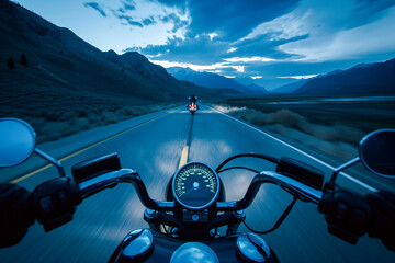 Motorcycle on the road in the mountains at night, POV - obrazy, fototapety, plakaty