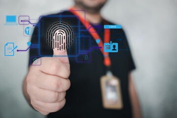 Eemployee scan fingerprint to access data and security in organization. Person identity concept...