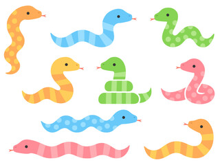 カラフルなドットとストライプ柄の蛇のイラストセット