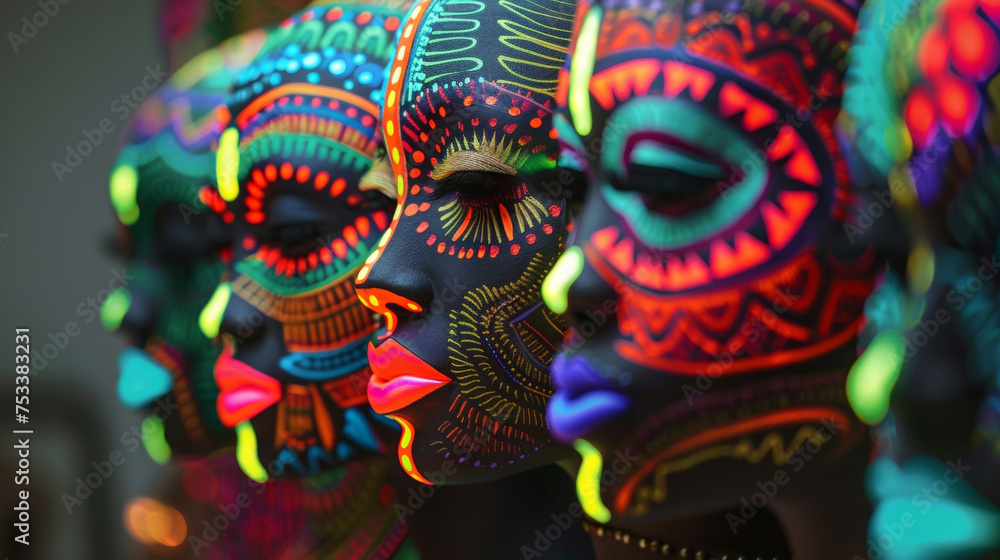 Poster a series of handpainted masks adorned with bold patterns and intricate designs each one glowing in d