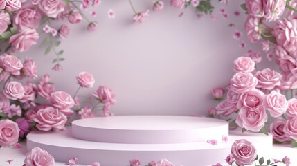 Podium background flower rose product pink 3d spring table beauty stand display
