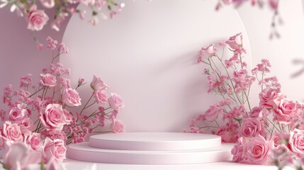 Podium background flower rose product pink 3d spring table beauty stand display