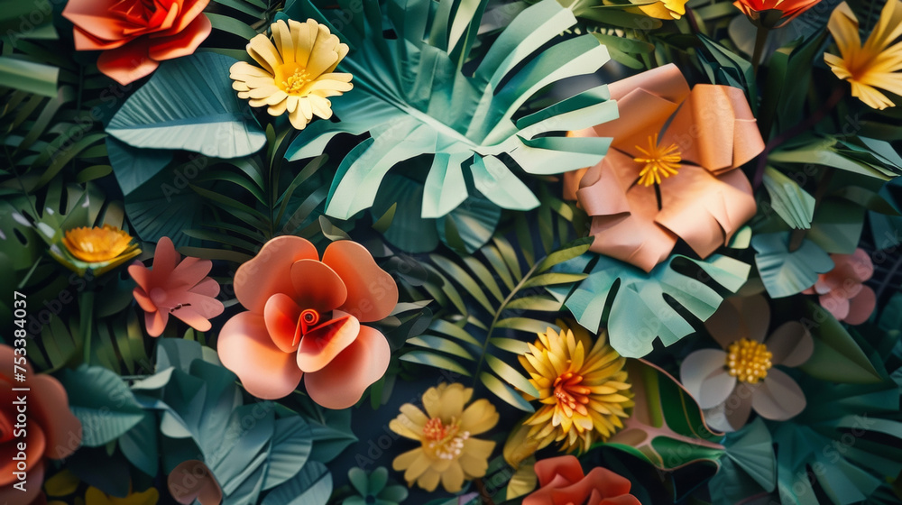 Poster a macro shot of a paper art installation featuring cascading paper flowers and leaves intricately fo