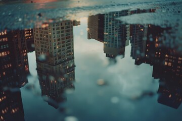 Twilight reflection of urban skyscrapers in a puddle, creating a tranquil cityscape scene with a surreal, upside-down perspective.


