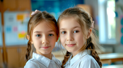 Obraz premium Portrait of Two Happy Schoolgirls Looking at Camera on Blurred School Background
