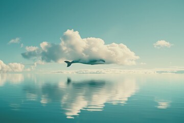 A surreal image of a solitary cloud reflecting on calm waters, creating an illusion of perfect symmetry and a tranquil, dreamlike atmosphere.
