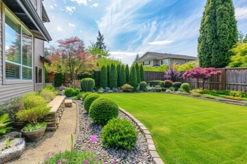 Front yard, landscape design with multicolored shrubs intersecting with bright green lawns behind the house is a modern - obrazy, fototapety, plakaty