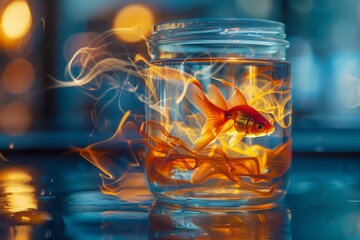 Goldfish in a mason jar with dynamic water and light effects

