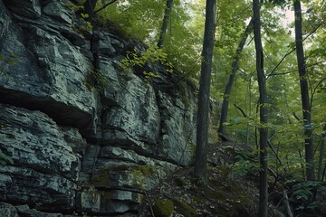 Rocky forest landscape with lush green foliage, capturing the rugged beauty of natural rock formations.

