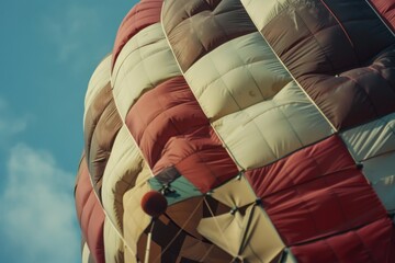 Close-up view of a deflated hot air balloon with intricate fabric patterns, giving a sense of adventure preparation.

