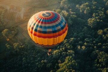 A serene hot air balloon floats above a lush forest at sunrise, its colorful pattern standing out against the light-dappled canopy.

