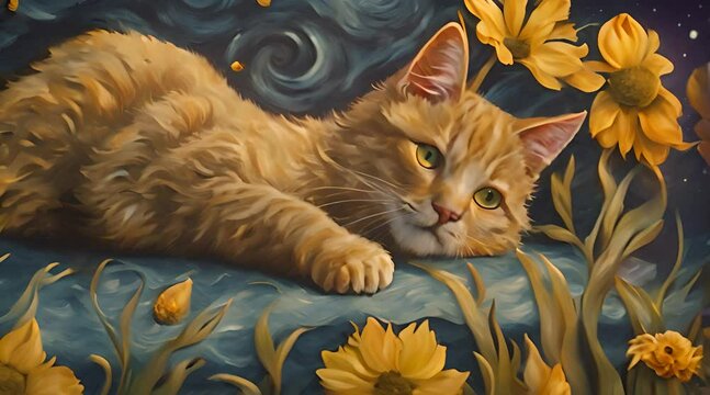 painting of cat and flowers