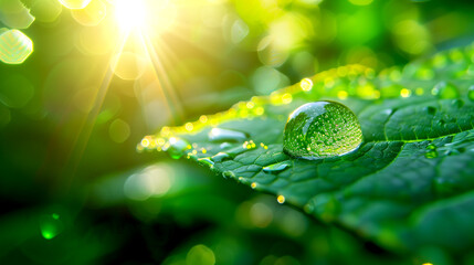 Transparent Drops of Water on a Green Leaf With Sun Glare