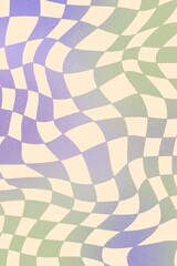 Purple and green gradient checkerboard groovy retro 70s style background. With twisted, distorted, and grain paper textures. Wallpaper, template, poster, backdrop. Y2k Abstract and aesthetic.