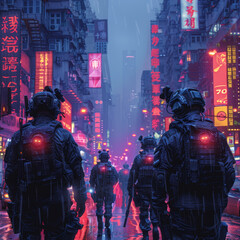 Guardians Patrolling at Night in a Bustling City