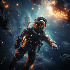 Fototapeta premium Astronaut Adrift in Cosmic Space with Stars and Nebulae