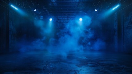 Fototapeta premium A dark empty road against a dark blue background, featuring an empty dark scene illuminated by neon lights and spotlights.