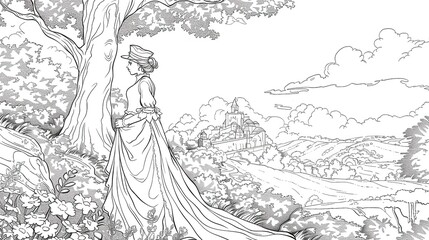 A simple fairytale coloring page, low detail, no shadding, line drawing, vintage styleA simple fairytale coloring page, low detail, no shadding, line drawing, vintage style