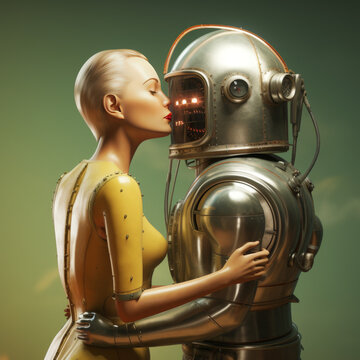 Illustration of a sci-fi futuristic romance between human and robot