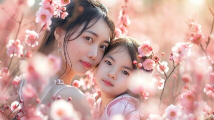 Obraz premium Asian mother with her daughte surronded by pink flower, mothers day celebration.jpg