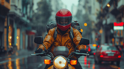 Deliveryman driving a moped in a rain