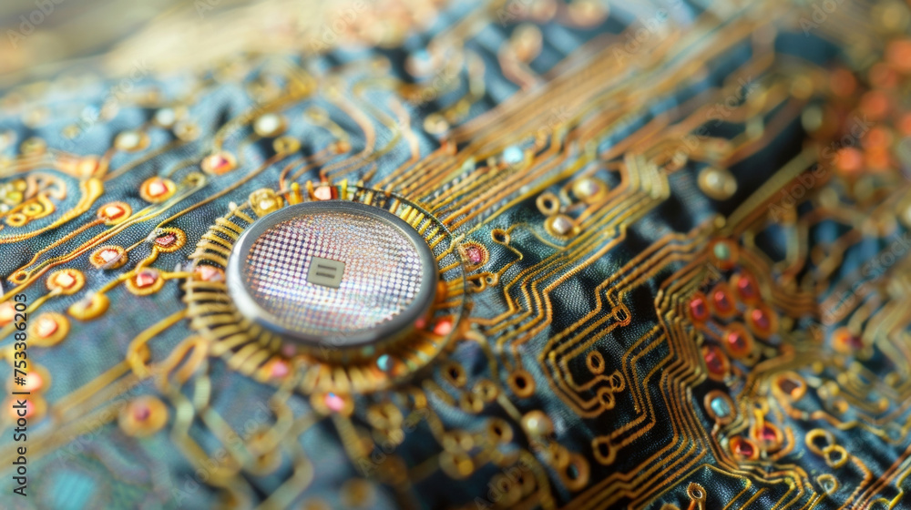 Poster a macro image of a handsewn electronic button demonstrating the fusion of fashion and technology in 