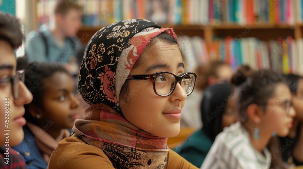 Poster a diverse group of students each with different backgrounds and perspectives engaging in a respectfu