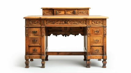 vintage wooden desk with intricate carvings and decorative drawers sits on a crisp white backdrop
