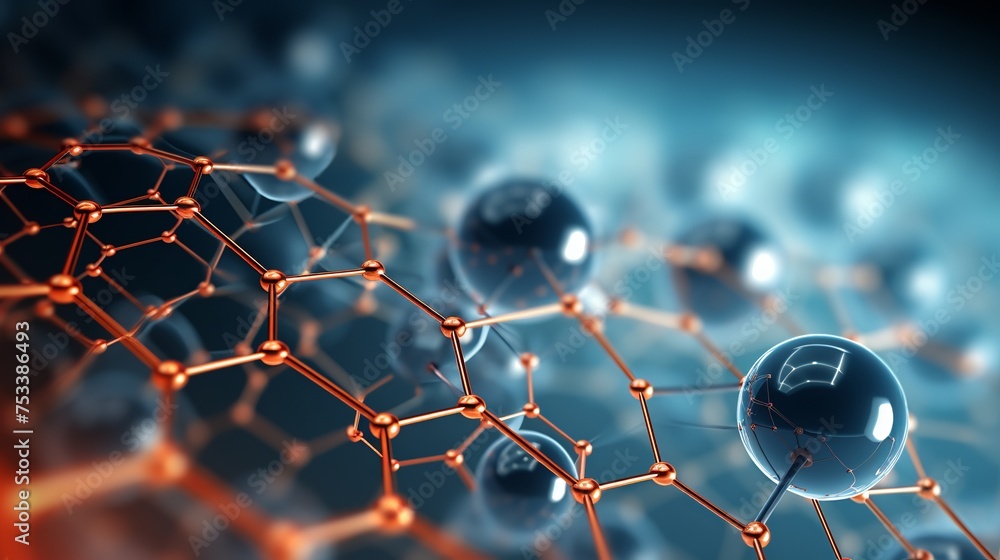 Poster Featuring a nano sphere with a hexagon grid, the illustration represents a nanotechnology graphene molecule in a 3D render.