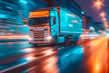 Foto op Plexiglas Truck on highway, speedway, street in night time. Motion blur, light trails. Transportation, logistic, highway traffic concept. © MVProductions