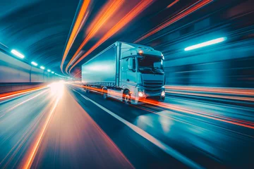 Wandaufkleber Truck on highway, speedway, street in night time. Motion blur, light trails. Transportation, logistic, highway traffic concept. © MVProductions