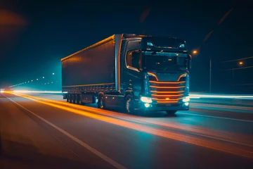 Poster Truck on highway, speedway, street in night time. Motion blur, light trails. Transportation, logistic, highway traffic concept. © MVProductions
