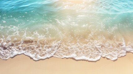 Fototapeta na wymiar An abstract sandy beach seen from above, with clear blue water waves and sunlight, representing a summer vacation background concept for banners.