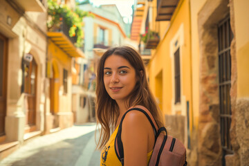 Obraz premium Traveler girl in street of old town in Spain. Young backpacker tourist in solo travel. Vacation, holiday, trip