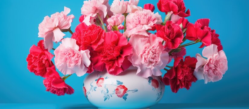 Beautiful carnation flowers in a vase on a colorful background