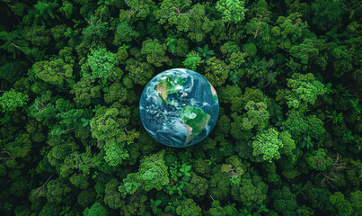 A small blue and green planet is sitting in a lush green forest. The planet is surrounded by trees and the forest is full of life. Concept of harmony and balance between nature and the environment