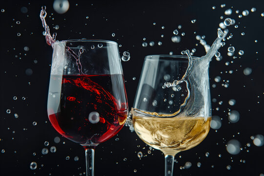 Two glasses of red and white wine with splash reflect one another on dark background, wine splash