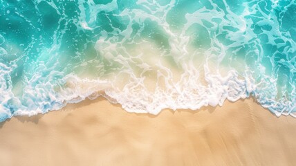 Fototapeta premium An abstract sandy beach seen from above, with clear blue water waves and sunlight, representing a summer vacation background concept for banners.