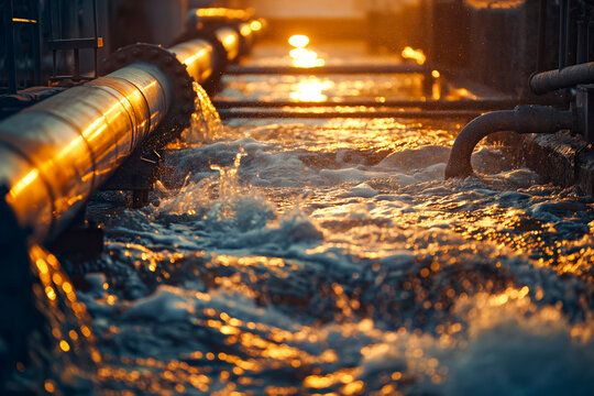 Water Flowing From The Pipes Of An Oil And Gas Power Plant In The Evening, Water Mains Failure