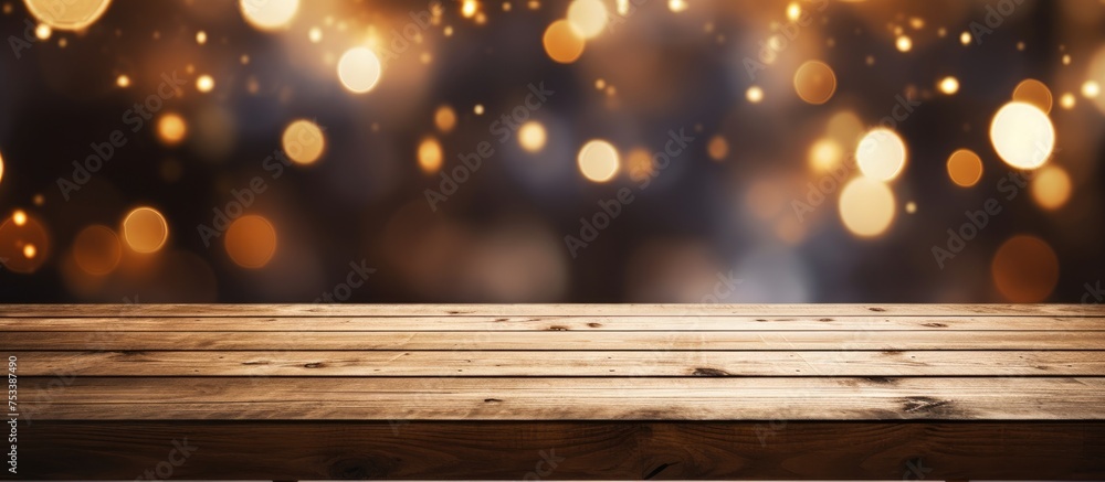 Poster wooden table with blurred background and bokeh light effect