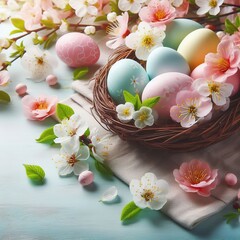 Obraz na płótnie Canvas AI generated A festive Easter background with pastel colored eggs and flowers arranged in a basket ai generative
