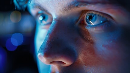 Naklejka premium Closeup of a players face lit up by the bright screen of a Legends of the Joystick tournament. Their eyes are focused and their expression determined as they attempt to beat