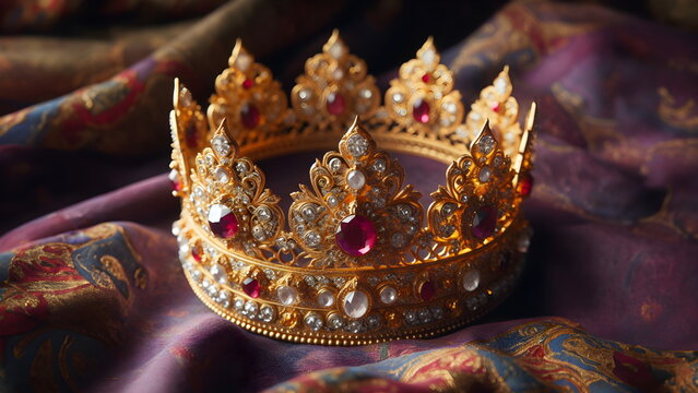 a gold crown on a purple cloth