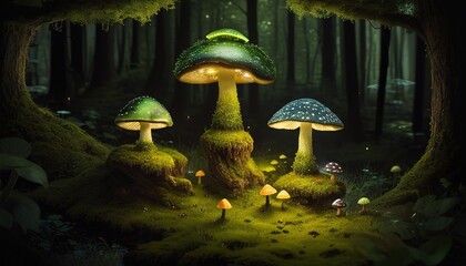 Fototapeta premium Mushroom lamps on moss with fireflies in dark forest. ai generative