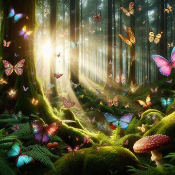 Beautiful flying butterfly forrest background images Generative AI
