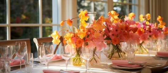 Obraz na płótnie Canvas Orange and pink flower arrangements adorn the dining table
